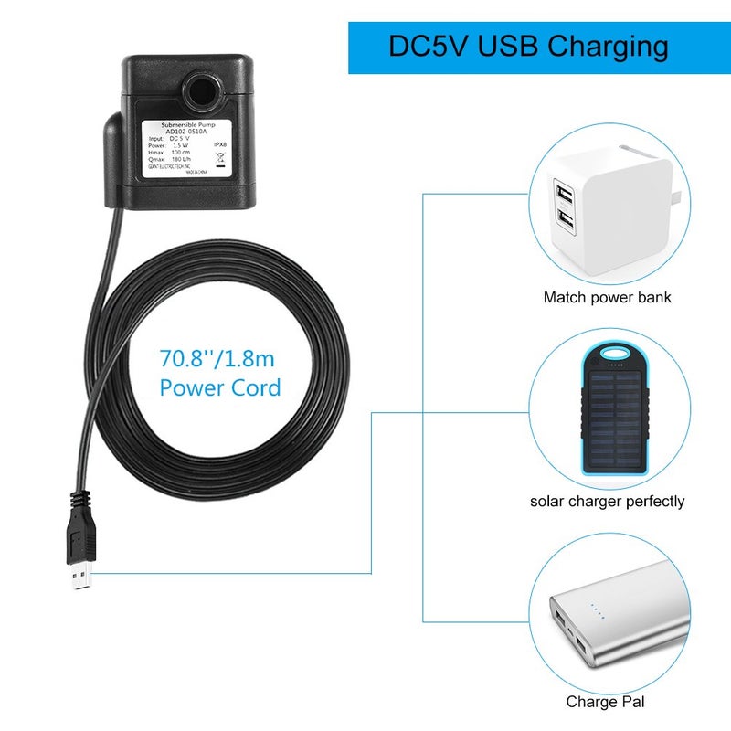 LEDGLE Mini USB Fountain Pump Compact Submersible Pumps Efficient 5V Water Pump for Small Pond, Fish Tank, Long Cord, 180L/H, Black - Image 4